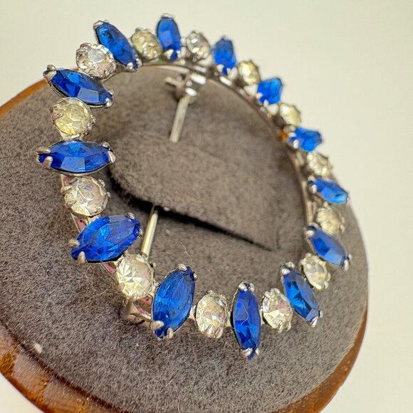 Sterling Silver 925 Blue & White CZ Alternating Circle Pin Brooch Size 1.25" - Picture 3 of 10